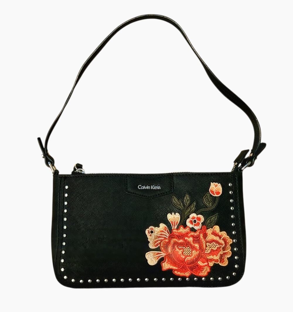 Calvin Klein Black Floral Embroidered Studded Baguette Shoulder Bag
